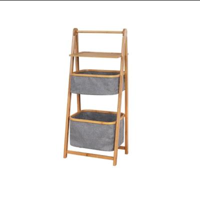 China Home Wholesale Good Quality 4 Tier Custom Laundry Storage Rack Hotel Corner Shelf Bathroom Bamboo Wooden Laundry Hamper Basket With Cloth Bag for sale