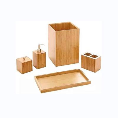 China Bath accessories sustainable bamboo bathroom set to include waste basket, toothbrush holder, soap dispenser and cotton swab box for sale