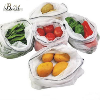 China Eco-friendly Premium Washable Custom Reusable Nylon Mesh White Drawstring Fruit Vegetable Produce Bags for sale