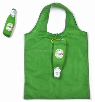 China Promotion Reusable Polyester Gift Shopping Bag Beer Bottle Shape Folding Collapsible Bag for sale