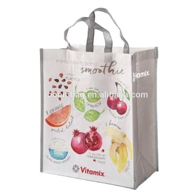 China Eco Friendly Customized Handled Logo Fruit Printing Reusable Supermarket Matte Laminated RPET Full Color Shopping Bag for sale