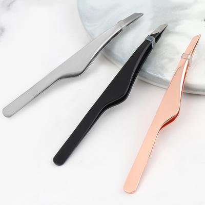 China Custom Logo Private Label Curved Slanted Eyebrow Tilt Eyelash Extension Clip False Eyelash Magnetic Tweezers Applicator for sale