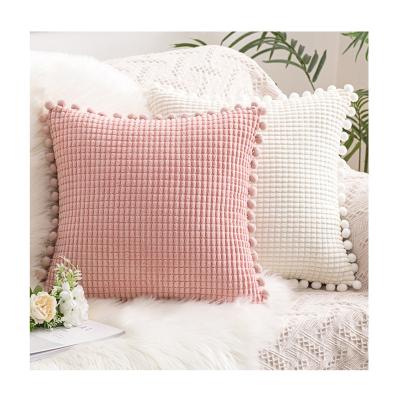 China Factory Cheap Price Anti-pilling Solid 18 x 18 Inch 45*45cm Pillow Cover Cushion Covers with Pompoms Cushion Velvet Cute Pink Pillow Case for sale