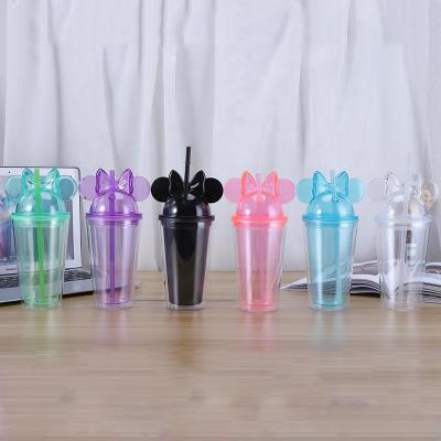 China Factory Direct Viable Free Wall Double 15oz Mickey Mouse Ear Acrylic Tumbler Plastic Cups With Lid And Straw for sale