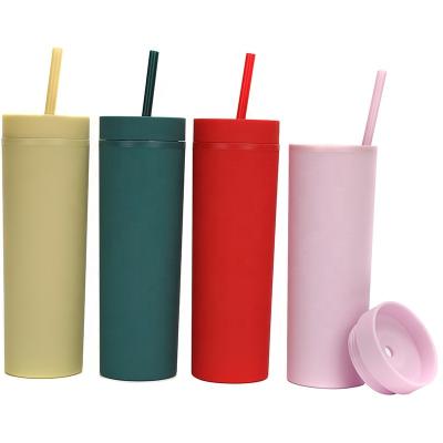 China 16oz Matte Reusable Cup Pastel Colored Matte Tumblers Black Acrylic Plastic Double Thin Wall Viable With Straw for sale