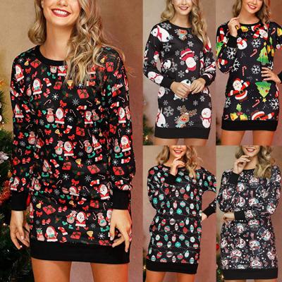 China Breathable JR RTS Santa Claus Printed Long Shirt Snowman Lamp String Printed Long Sleeve Casual Dress For Christmas for sale