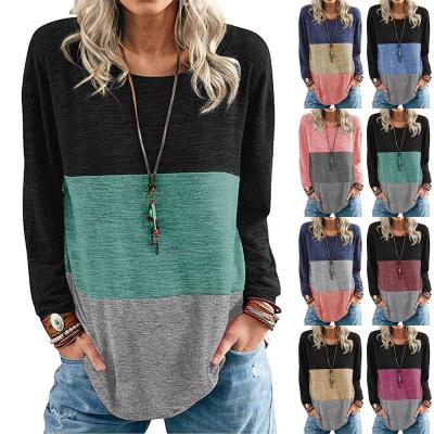 China Anti-wrinkle JR Wholesale Color Block Round Neck Casual Long Sleeve Women's T-shirts Comfortable Sweatshirt Female for sale