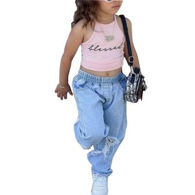 China Wholesale High Quality Baby Girls Clothing JR Sets Stylish Tank Top And Jeans 2Pcs Set for sale