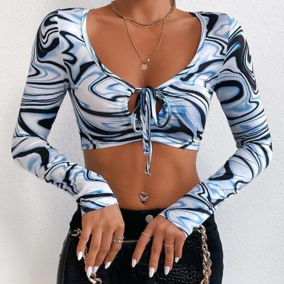 China JR Stretch Small Marble Drawstring Front Crop Top Customization Printing for sale