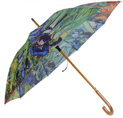 China Traditional Automatic Open Straight Stick Tube Wooden Umbrella With Van Gogh Starry Night Oil Painting With Wooden Handle for sale