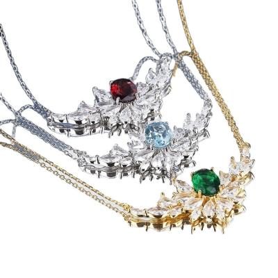 China S925 Sterling Silver High Quality Natural Gemstone Necklace 7*9 Fashionable Noble Blue Topaz Emerald Ruby Clavicle Chain Necklace For Women for sale