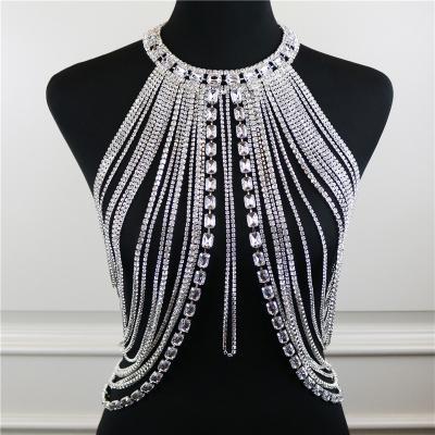 China TRENDY Ladies Fashion Long Gold Plated Fringe Dress Party Nightclub Shiny Silver Plated Rhinestone Jewelry Chest Chain Body Chain for sale