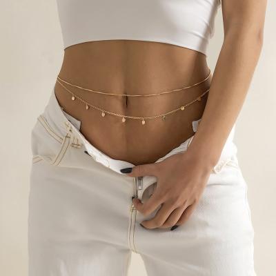 China TRENDY High Quality Fashion Jewelry Alloy 18K Gold Plated Thin Double Layer Body Chain Around Tassel Sequin Waist Chain For Women for sale