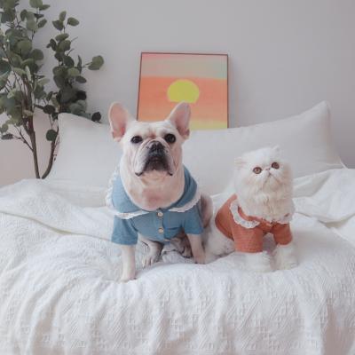 China 2021 New Viable Dog Clothes Designs Lovely Soft Elegant Waffle Doll Neck Lace Knit Comfortable Cardigan Pet Clothes for sale