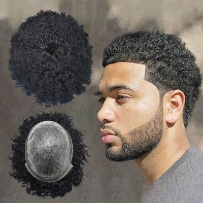 China Custom 100% Afro Hair Indian Curly Black Hair Low Curl PU Toupee Style Real Best Thin Skin Men's Curly Wigs For Black African Men for sale