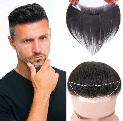 China Men Skin Toupee System 100% Real Hand Made Virgin Straight Hair Replacement Men Wig PU Forehead V Curl Thin Hairline Men Toupee for sale