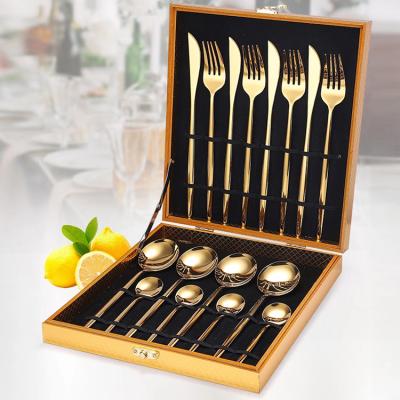 China 24 Piece Viable Gold Wedding Flatware Gift Box Packing Steak Knife Fork Spoon Matte Cutlery Set Stainless Steel for sale