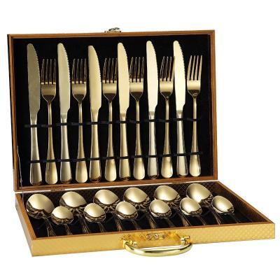 China CLASSIC Factory Amazon Utensil Fork Knife Spoon Gold Black Flatware Stainless Steel Cutlery 24pcs Set With Wooden Box for sale