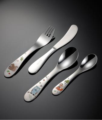 China Sustainable 100% Stainless Steel Cutlery Set Toddler Self Feeder Kids First Stage Baby Spoons And Fork With Cute Cartoon Animal for sale