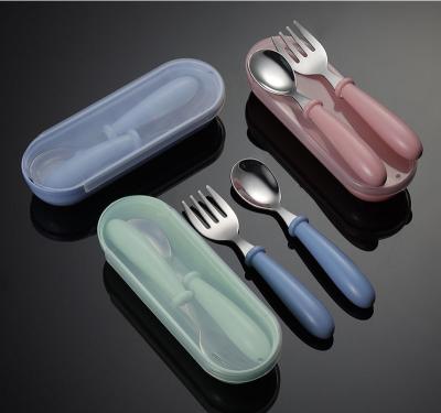 China Disposable 304 Stainless Steel 18/10 Flatware PP Handle Cute Baby Spoons Self Feeding 6 Months Spoon And Fork Set With Box for sale