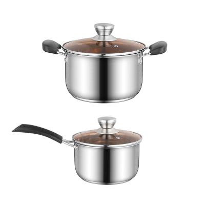 China Sustainable Wholesale 18 20 cm Lid Glass Casserole Cooking Pot and Pan Stainless Steel Cookware Set for sale