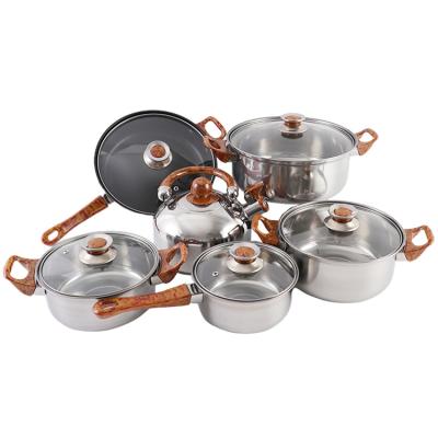 China Sustainable Wholesale Kitchen Cooking Pots and Pans Kettle 12 Pieces Metal Cookware Stainless Steel Set Low MOQ for sale