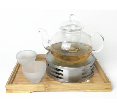 China Viable Borosilicate Handmade Teapot Pyrex Glass Tea Kettle With Stainless Steel Tea Warmer Promotional Gift Set for sale