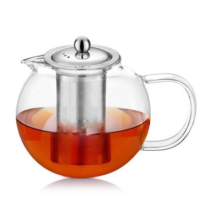 China Custom Kitchen Sustainable 800ml Pyrex Round Handblown Glass Teapot With Stainless Steel Infuser for sale