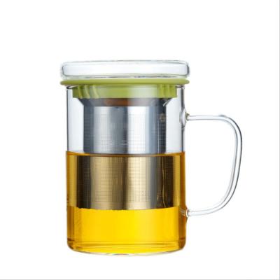 China Custom Stocked 12oz Green Pyrex Borosilicate Glass Tea Mug With Stainless Steel Infuser for sale