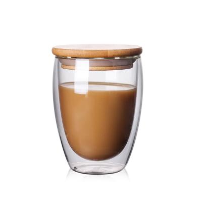 China 350ml Double Layer Borosilicate Glass Travel Custom Sustainable Heat Resistant Bamboo Mug for sale