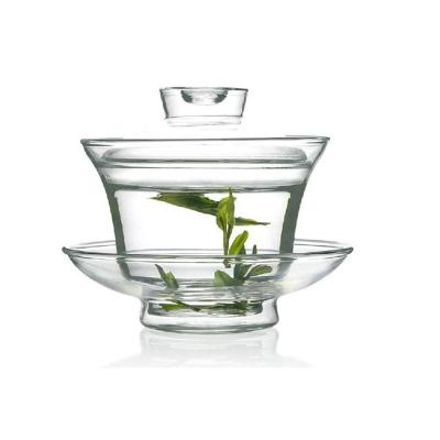 China Sustainable Custom Clear Borosilicate Glass Gaiwan Kungfu Tea Cup Set 200ml for sale