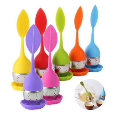 China Viable Colored Extra Fine Stainless Steel Mesh Leaf Shaped Silicone Tea Infuser With Drip Tray For Tea Cups Mugs Teapots for sale