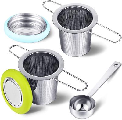 China WITH LID Folding Handle Tea Filter Mesh Brewing Basket Stainless Steel Fine Tea Infusers Strainer with Tea Scoop and Silicone Lid for sale