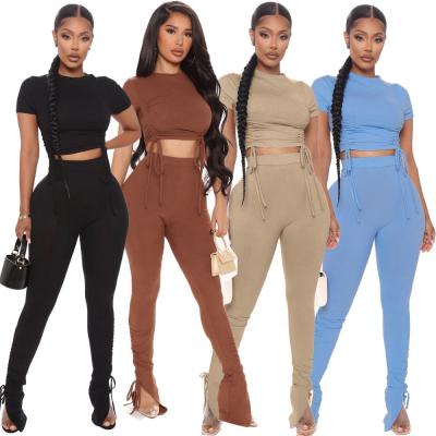 China Hot Sale QUICK DRY Women Fashion Fashionable Crop Top And Pants Solid Two Piece Set Clothing for sale