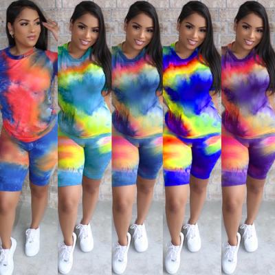 China Anti-wrinkle summer 2021 new hot casual women fashion tie dye rainbow 2 piece biker shorts pants two piece set for sale