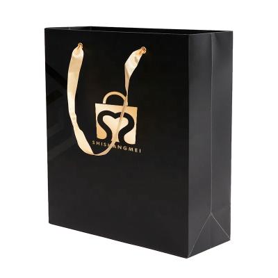 China Recyclable Custom UV Luxury Gift Shoe Clothes Boutique Black Garment Paper Shopping Bag With Your Own Logo for sale