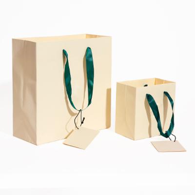 China Recyclable Custom Custom Printed Logo Jewelry Gift Shopping Green Ribbon Handles Fancy Cosmetics Paper Bag for sale