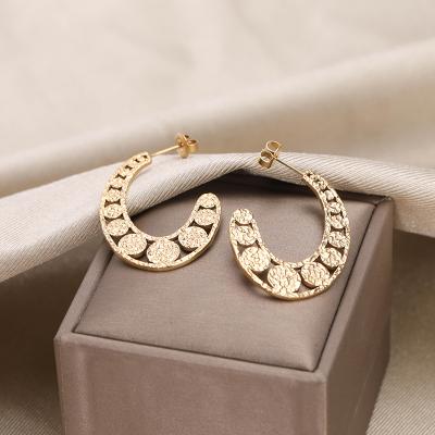 China Custom Gold Plated Trendy Hammer Grain Cavity Stainless Steel Trendy French Drop Earring Style Jewelry Ladies Earrings for sale