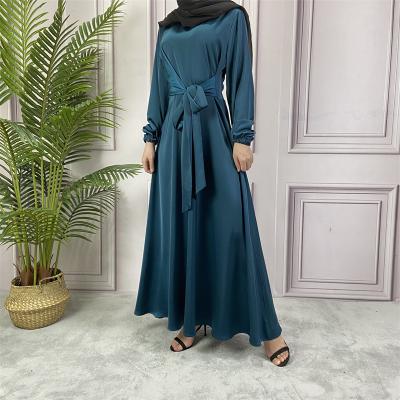 China Muslim Women Maxi Long Dress Long Sleeve Eid Mubarak Robe Satin Muslim Long Dress Abaya Satin Wrap Women Muslim Silk Belt Dress for sale