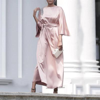 China High Quality Maxi Dresses Muslim Women Satin Solid Color Satin Long Sleeve Applique Muslim Dress High Quality Simple Dress for sale