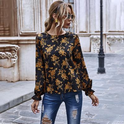 China Breathable Chiffon Fabric Floral Print Fabric Women's Fashion Fashion Long Sleeve T-shirt Tops for sale