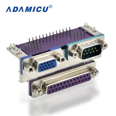 China audio & Dual Visual Access Right Angle 9pin Male to 15pin Female to D-sub 25pin Female Stacked Connector for sale