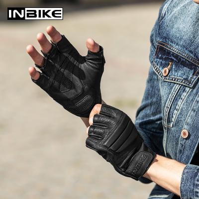 China Men Half Finger INBIKE Goat Skin Soft Leather Gloves Anti Slip Thickened EVA Pad Racing Cycling Motorcycle Gloves CM205 for sale