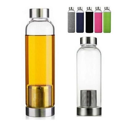 China Viable Hot Sale 550ml BPA Free Tea Infuser Glass Water Bottle With Neoprene Sleeve For Outdoor Sports for sale