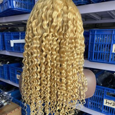 China Latest Long Time 24inch Virgin Hair 613 Lace Front Wig Deep Curly Blonde Blonde Front Wig With Transparent Lace Headband for sale