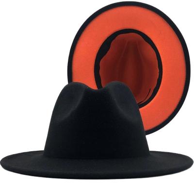 China 2021 Image Festival Faux Wool Two Tone Fedora Hat Women Black Orange Flat Hat Wide Brim Fedora Hats for sale