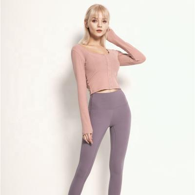 China 2020 Fashion New Breathable Long Sleeve With Button Plain Yoga Sports Pure Top Fitness T-shirt Yoga Tops Wear for sale