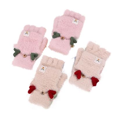 China 2021 Winter New Fashion Thickening Mittens Warm Girl Half Fingerless Mittens Cartoon Knitted Mittens for sale