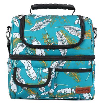 China Waterproof Printing Women Lunch To Bag Ladies 2 Compartment Folding Portable Picnic Bag Insulated Thermal Cooler Bag For Food for sale