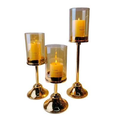 China Wholesale Home Goods Gold Cheap Office Cafes Hotel Pillar Three Glass Candle Holder Size A Set for sale